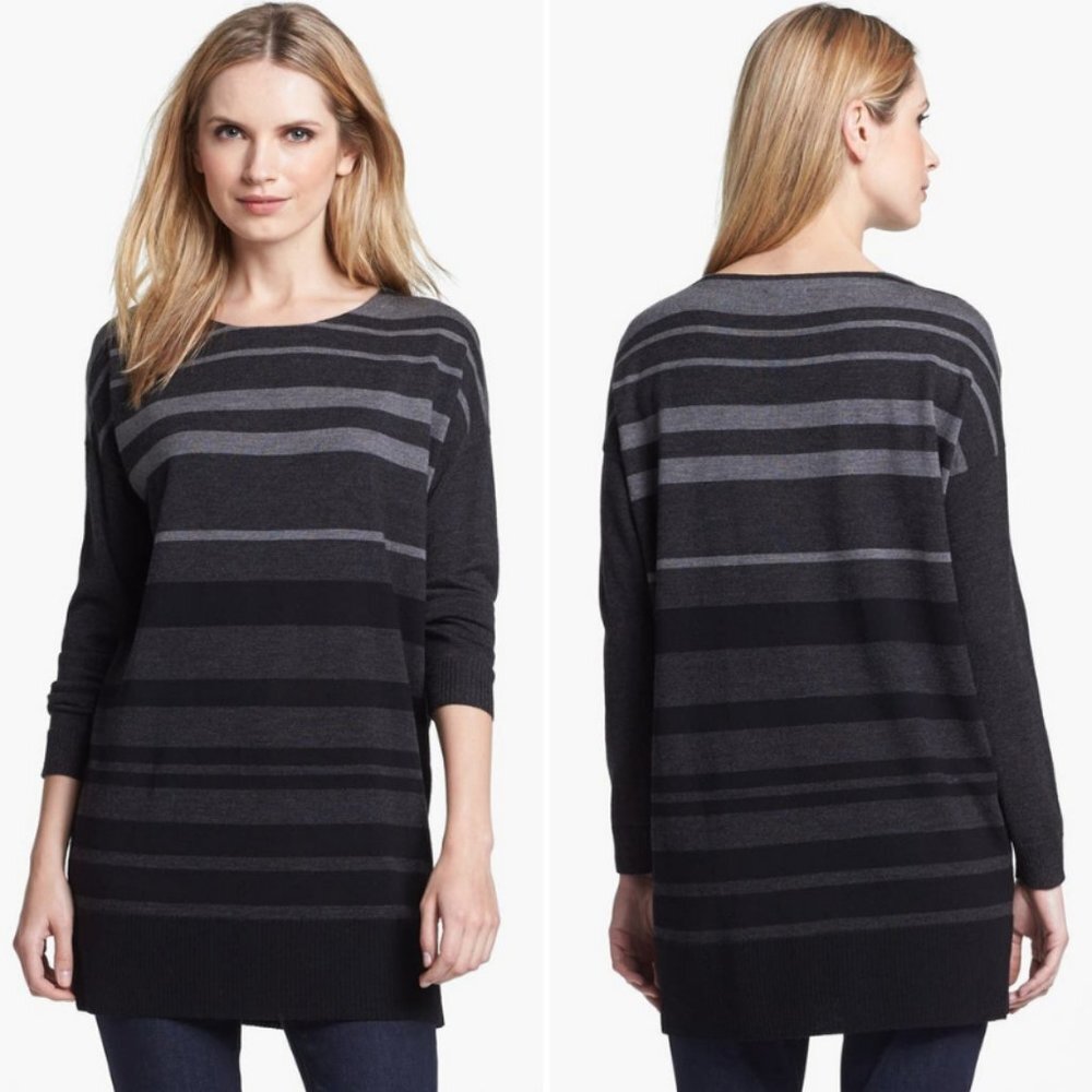 Eileen Fisher Striped Merino Wool‎ Jersey Tunic Sweater Pullover Black Grey